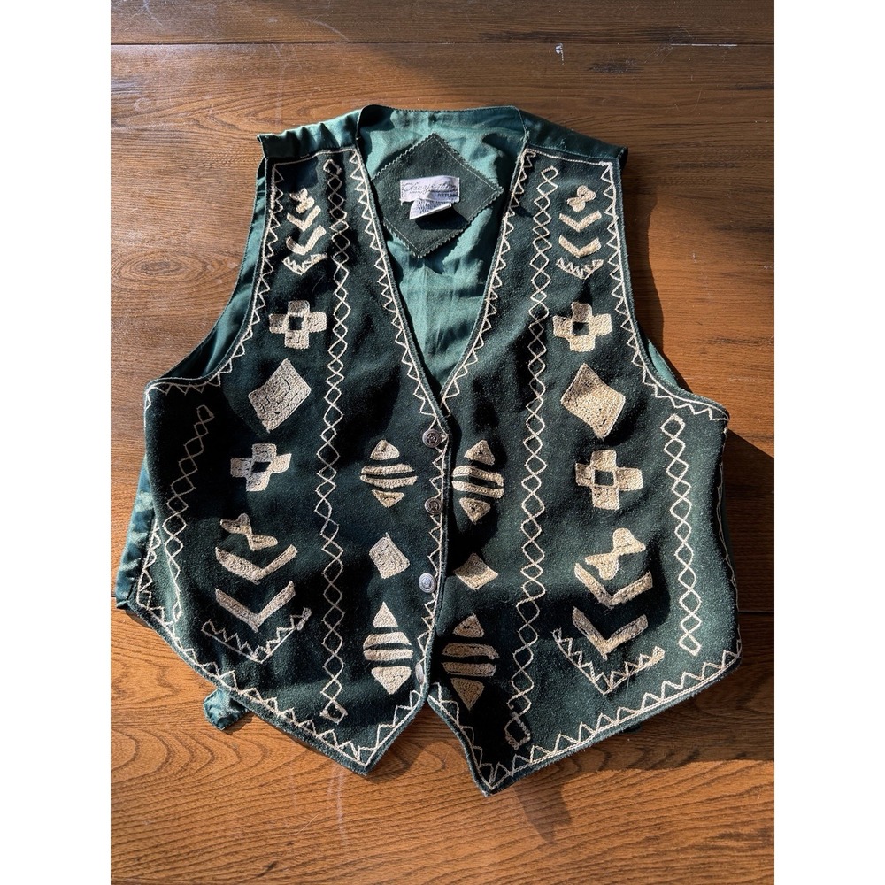 Vintage 90s Cheyenne Autumn Green Leather Embroidered Southwestern Vest L
